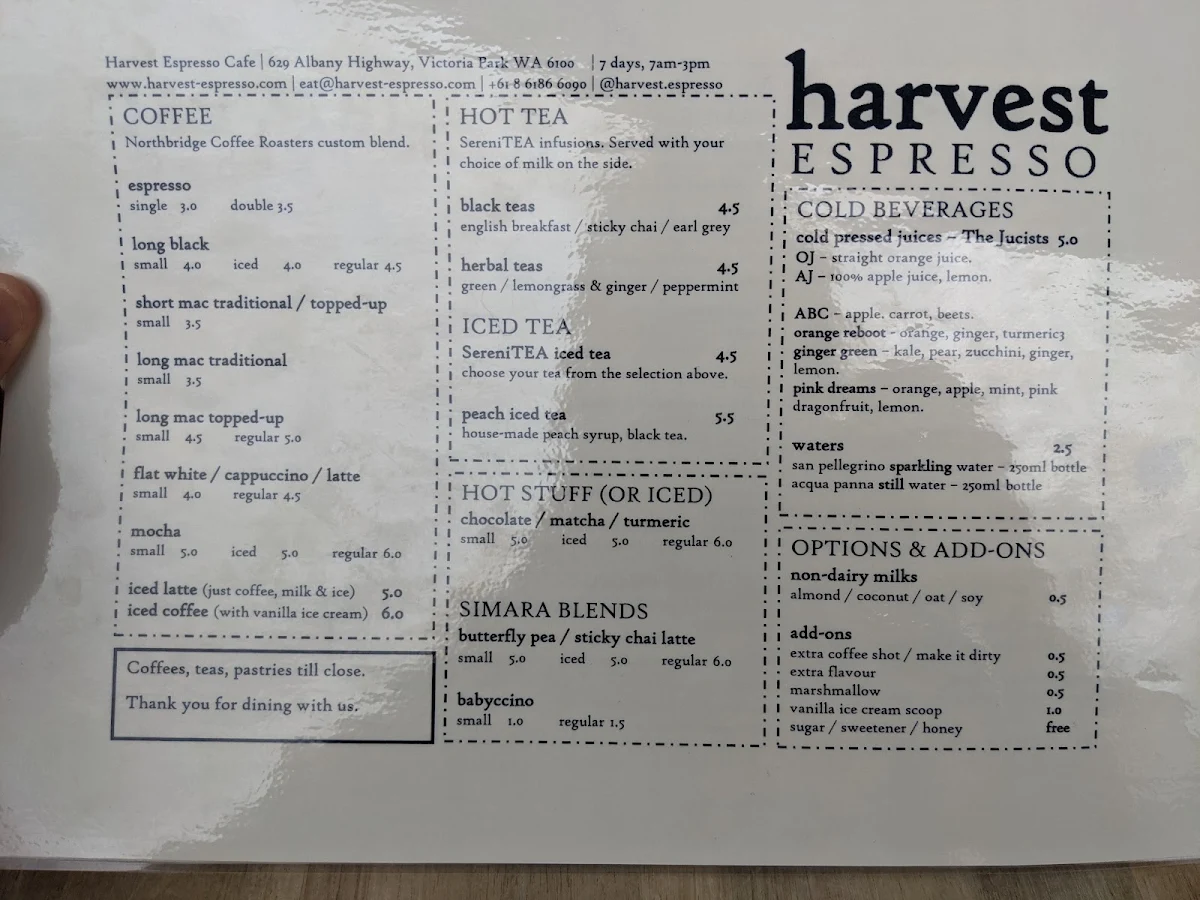 Menu, Harvest Espresso