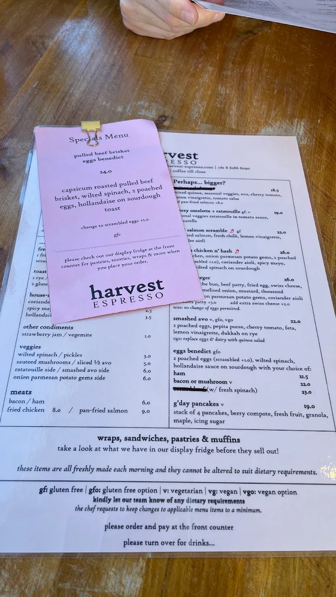 Menu, Harvest Espresso