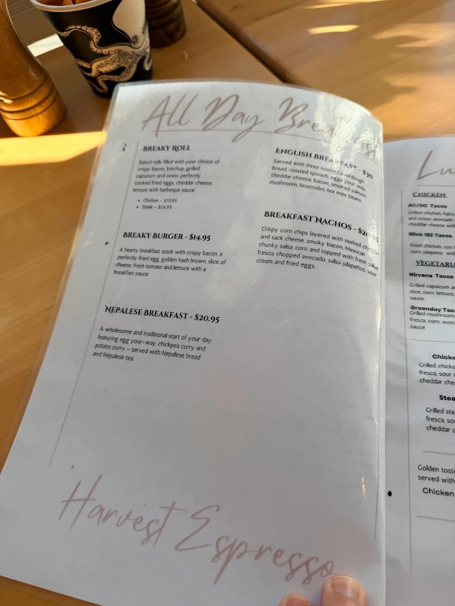 Menu, Harvest Espresso