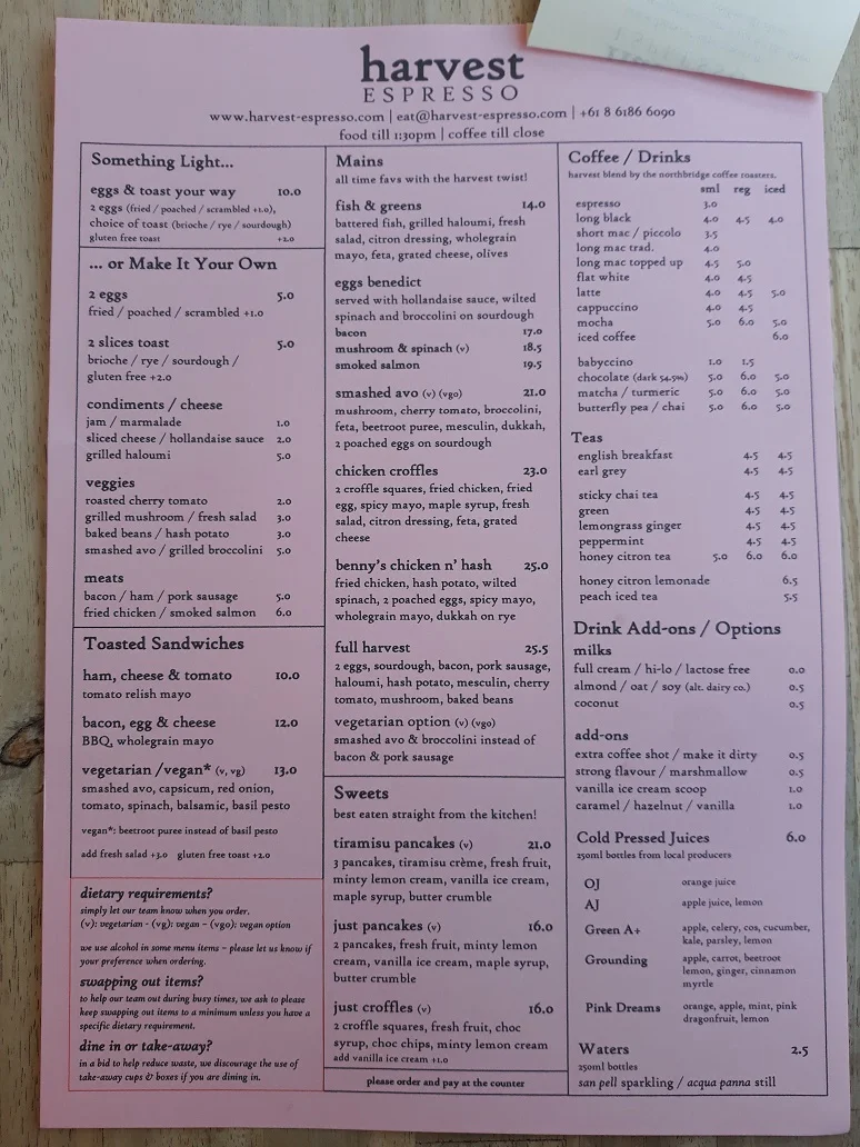 Menu, Harvest Espresso