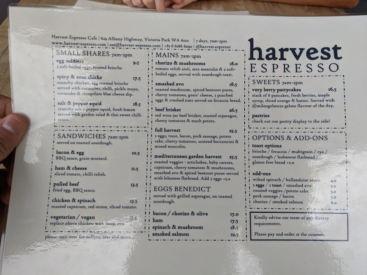 Menu, Harvest Espresso