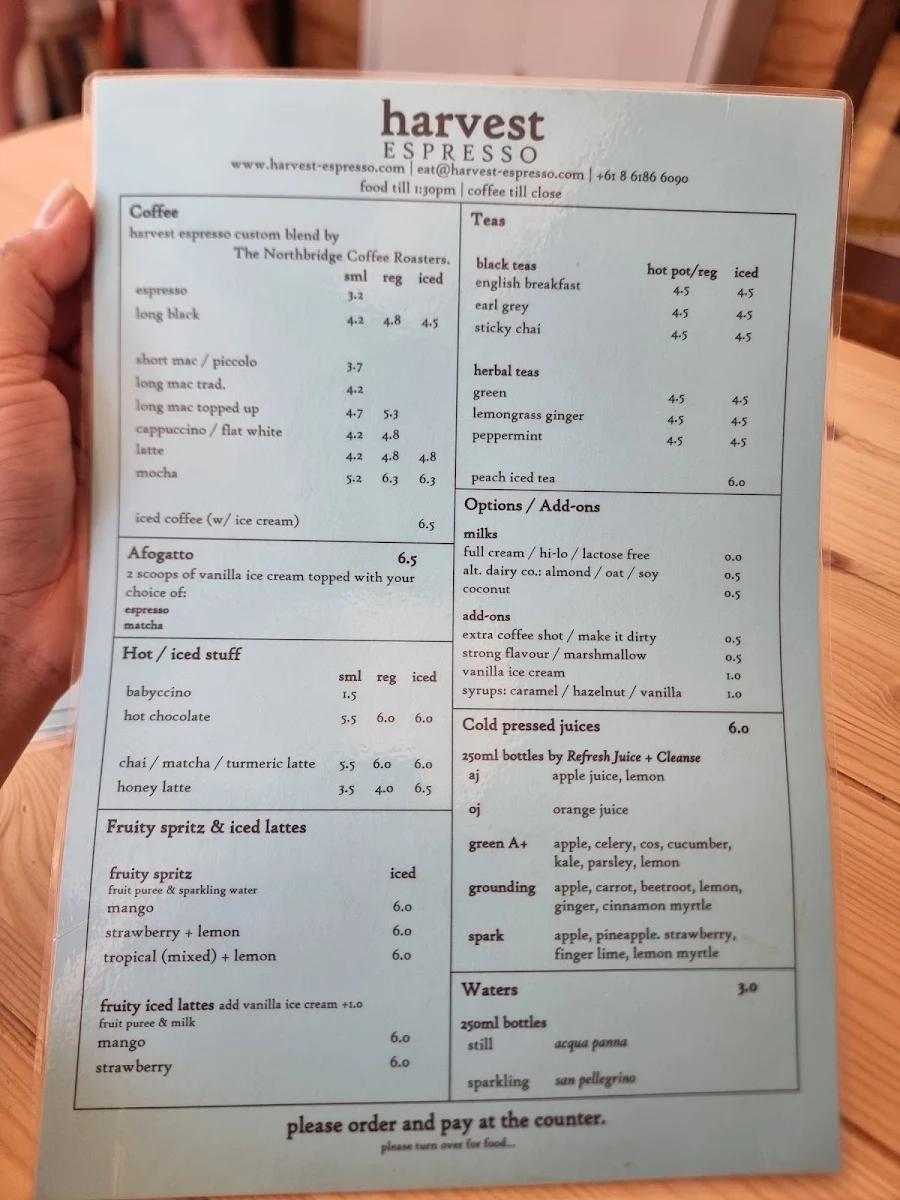 Menu, Harvest Espresso