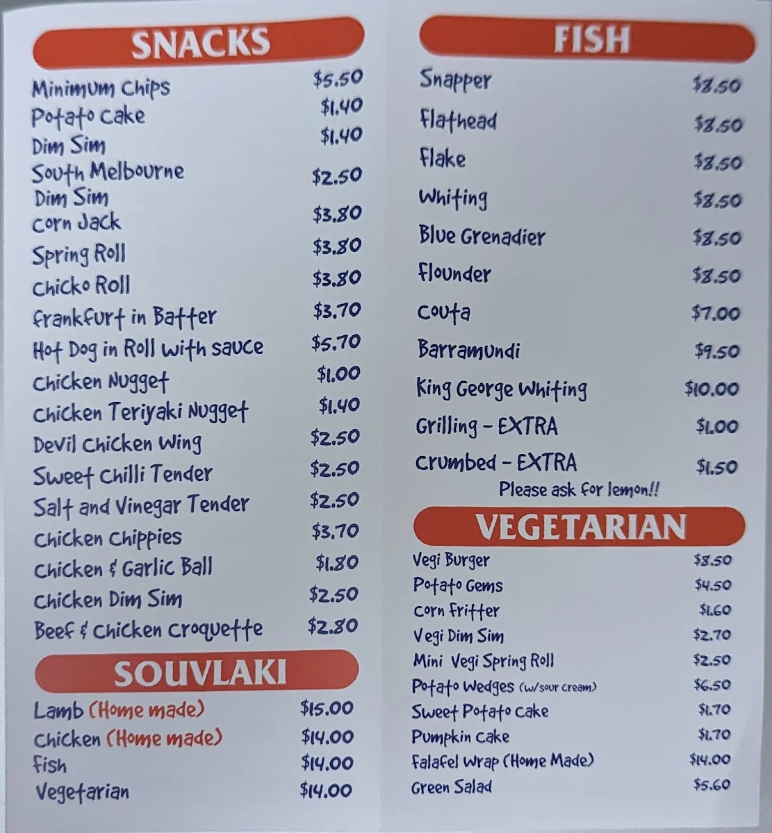 Menu, Tooradin Original Fish & Chip Shop