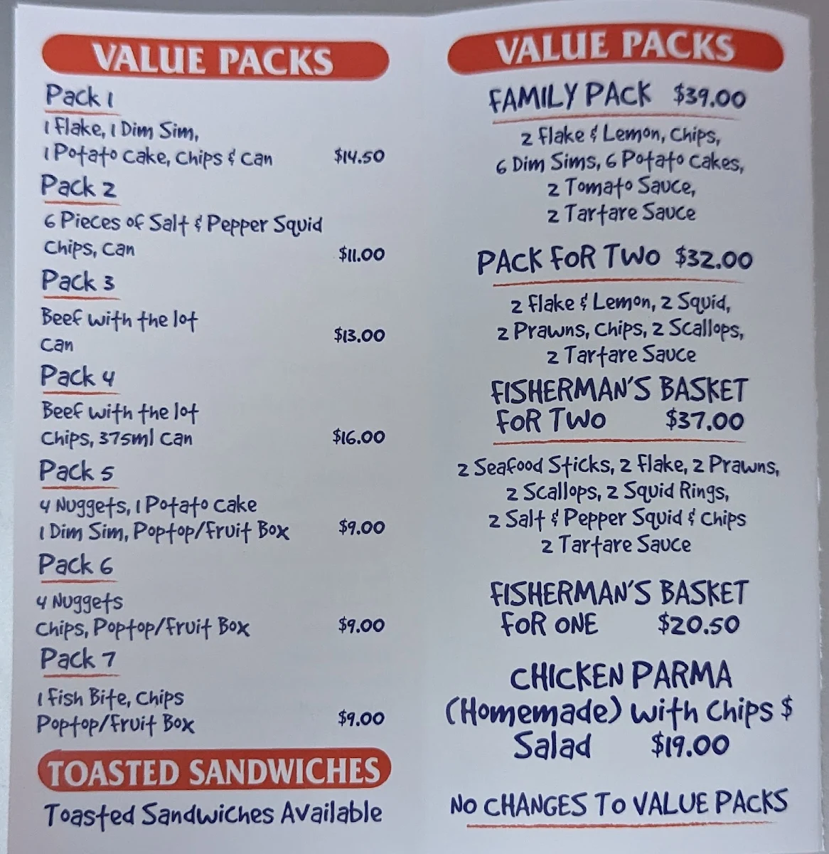 Menu, Tooradin Original Fish & Chip Shop