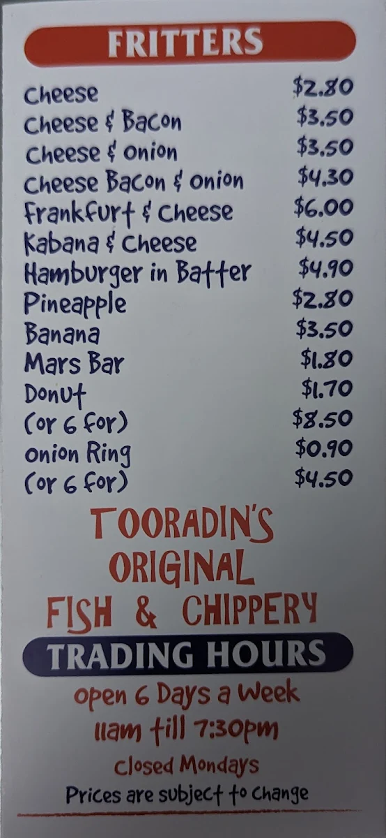 Menu, Tooradin Original Fish & Chip Shop