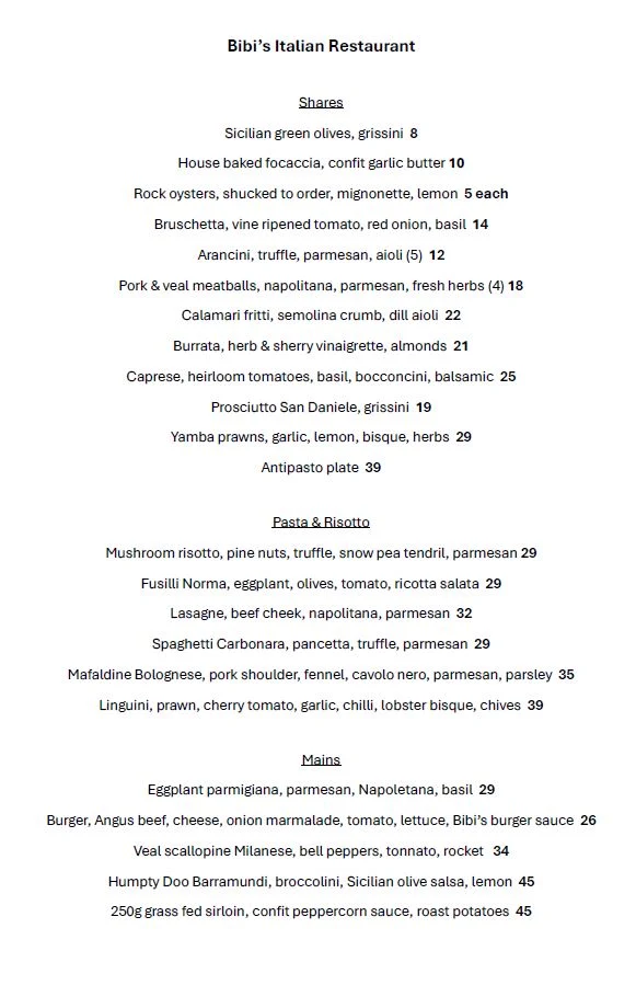 Menu, Bibi's Italian Restaurant