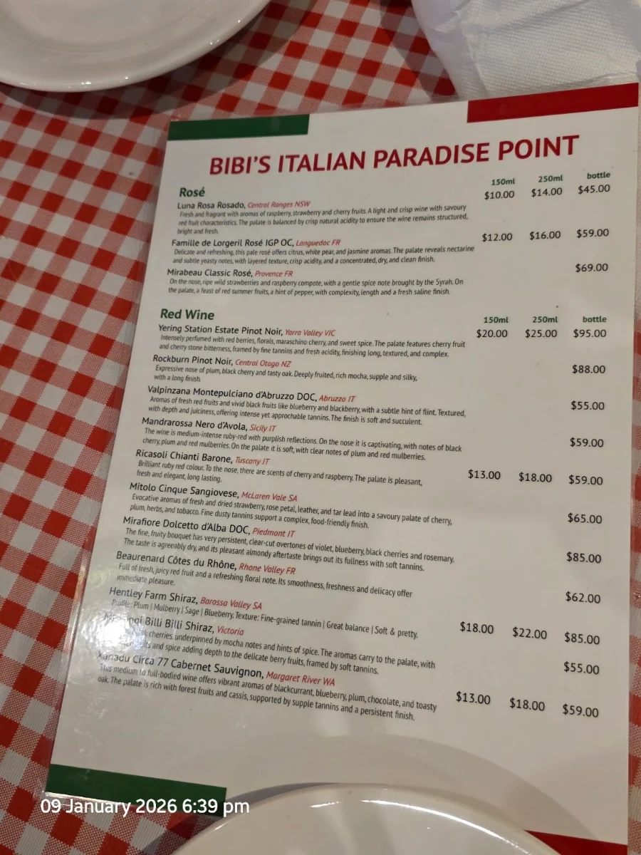 Menu, Bibi's Italian Restaurant