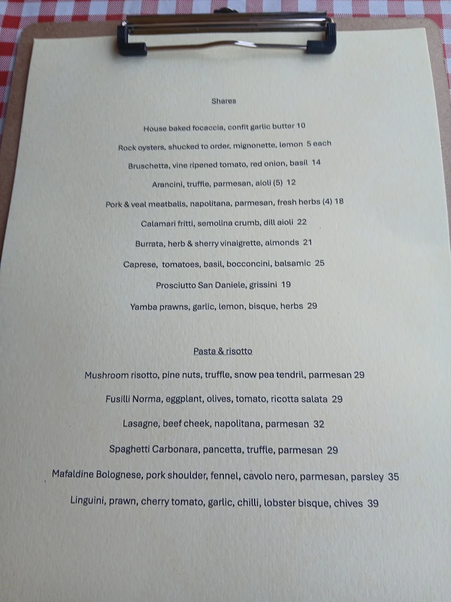 Menu, Bibi's Italian Restaurant