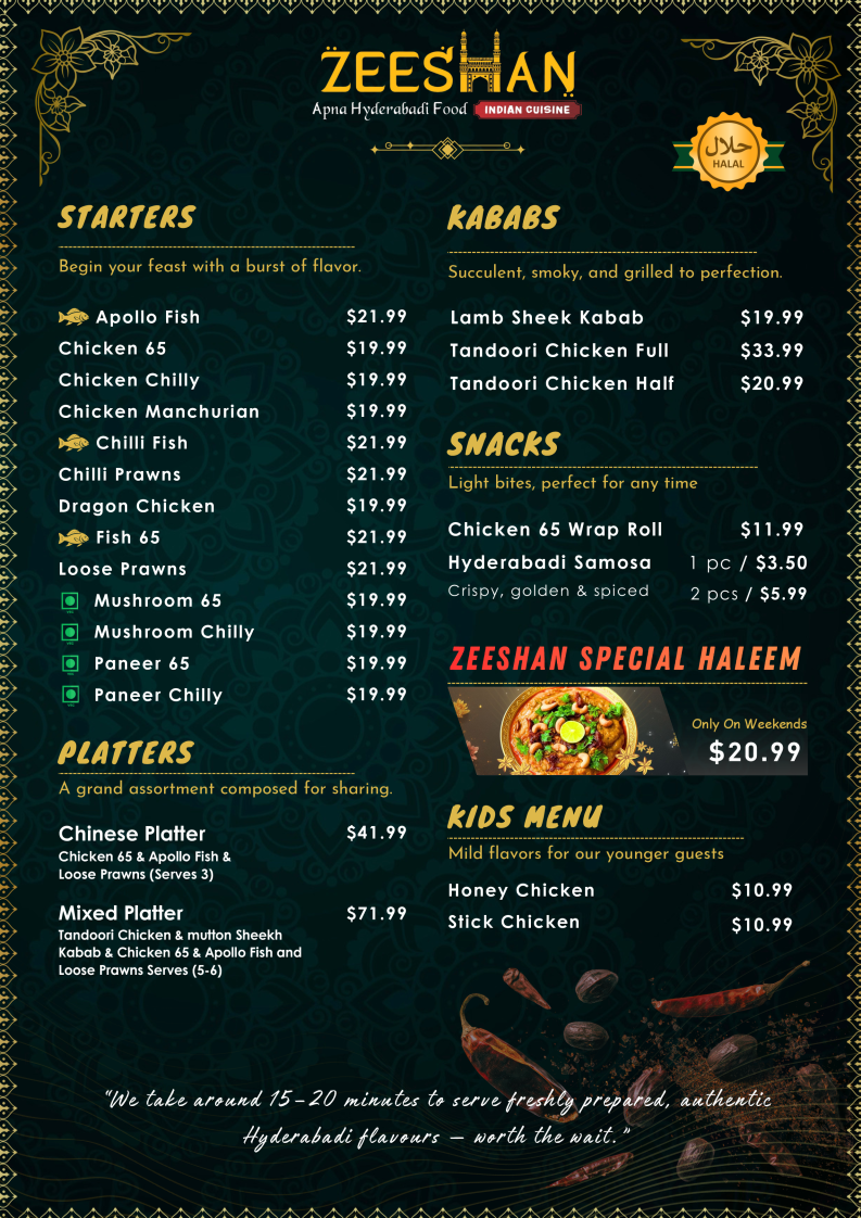 Menu, Zeeshan-Apna Hyderabadi Food Indian Cuisine
