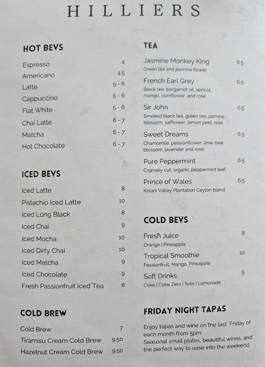 Menu, Hilliers Cafe