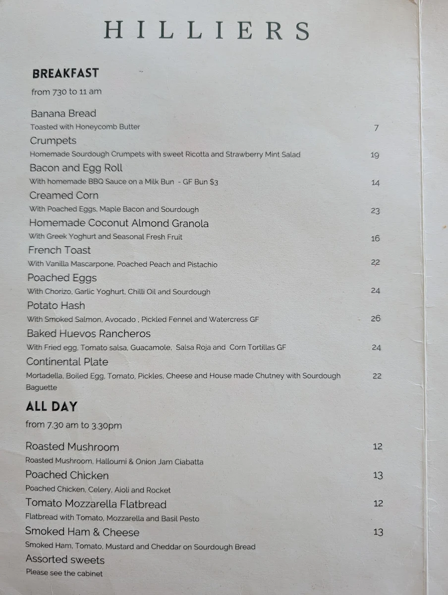Menu, Hilliers Cafe