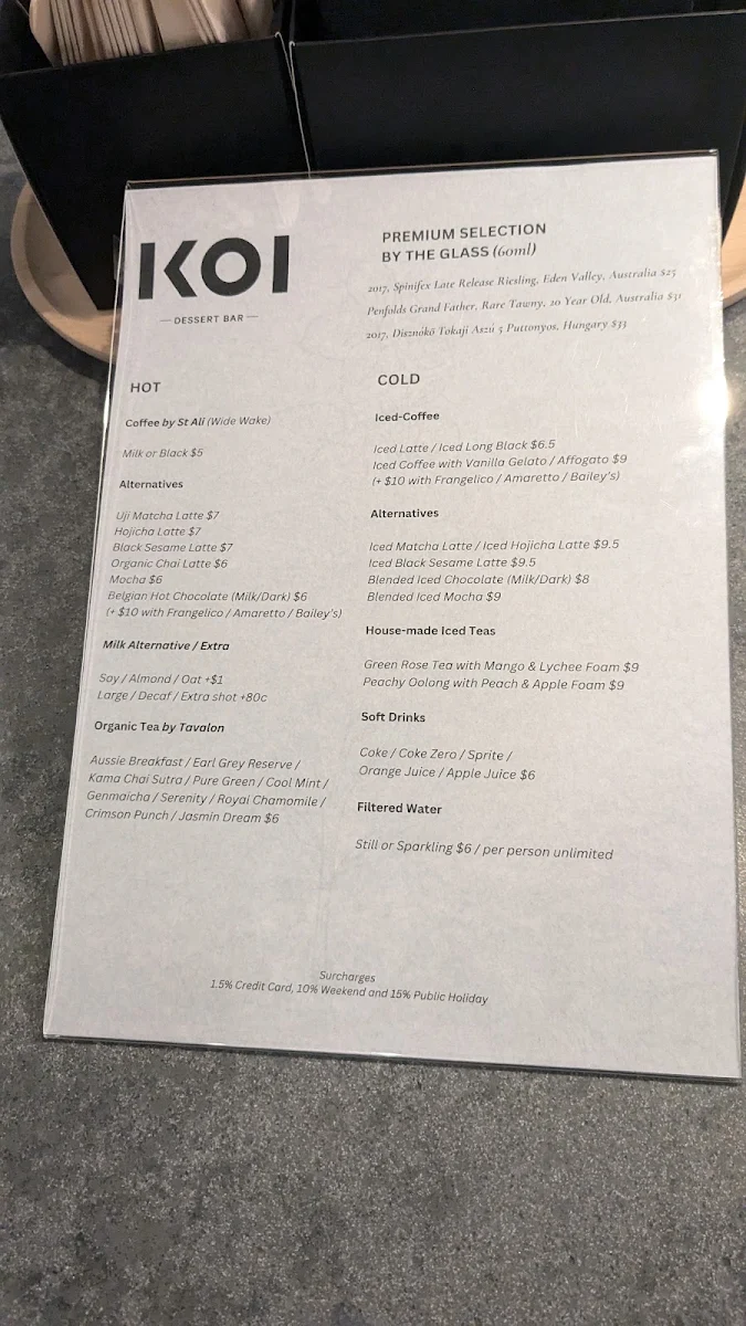 Menu, KOI Dessert Bar Melbourne