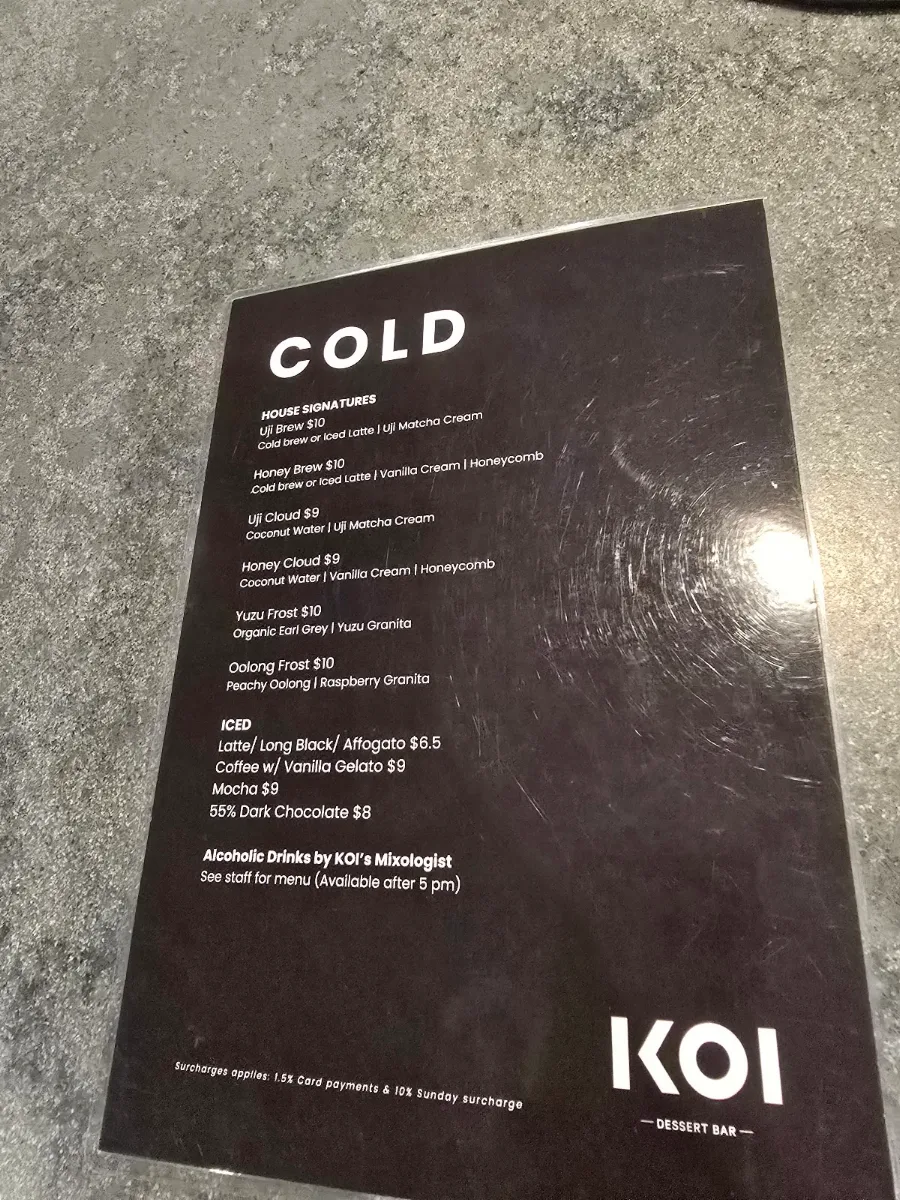 Menu, KOI Dessert Bar Melbourne