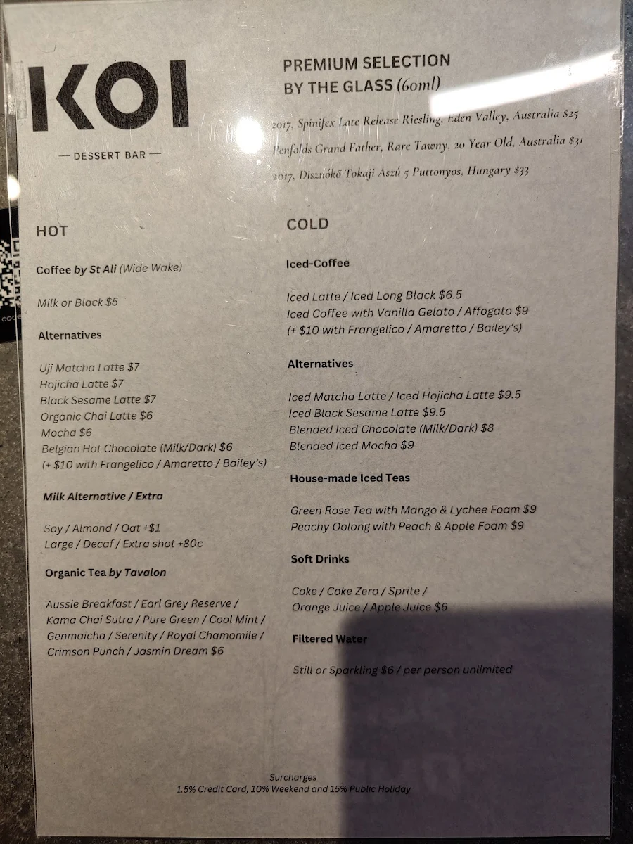 Menu, KOI Dessert Bar Melbourne