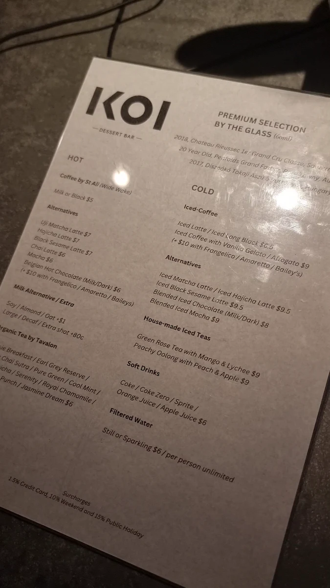Menu, KOI Dessert Bar Melbourne