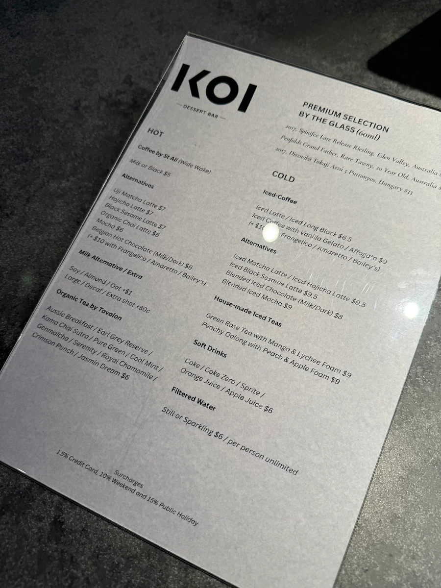Menu, KOI Dessert Bar Melbourne