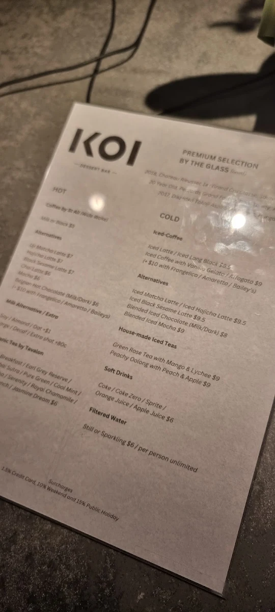 Menu, KOI Dessert Bar Melbourne