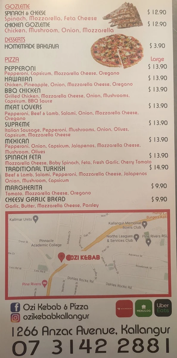 Menu, OZİ PIZZA&KEBAB