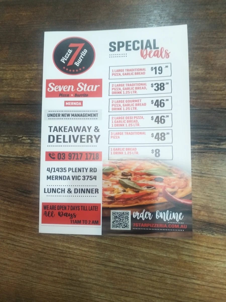 Menu, Seven Star Pizza Pasta Grill