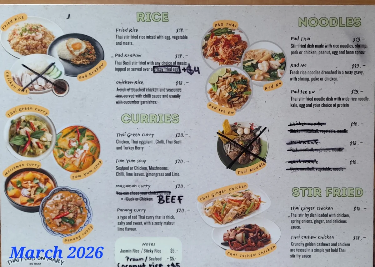 Menu, Thai Food on Mary by Nana