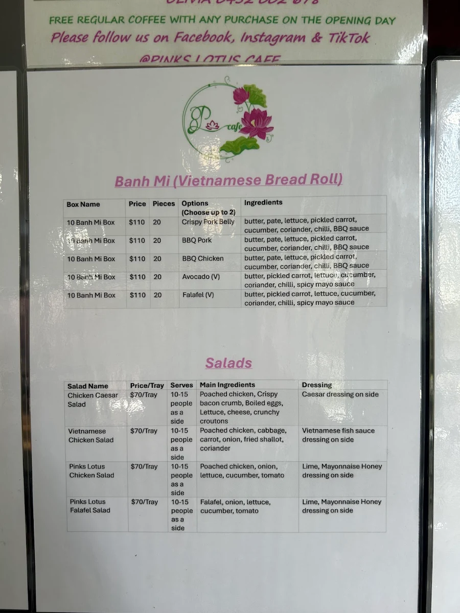 Menu, Pinks Lotus Cafe