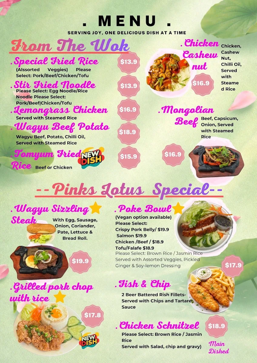Menu, Pinks Lotus Cafe