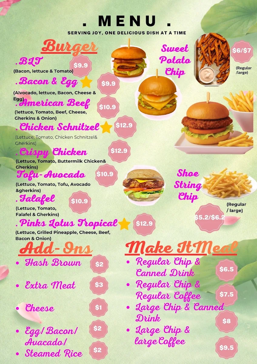 Menu, Pinks Lotus Cafe