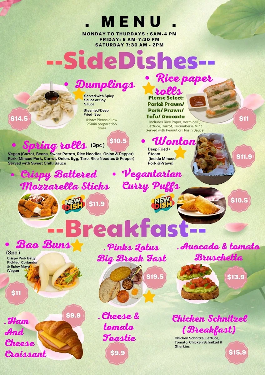 Menu, Pinks Lotus Cafe