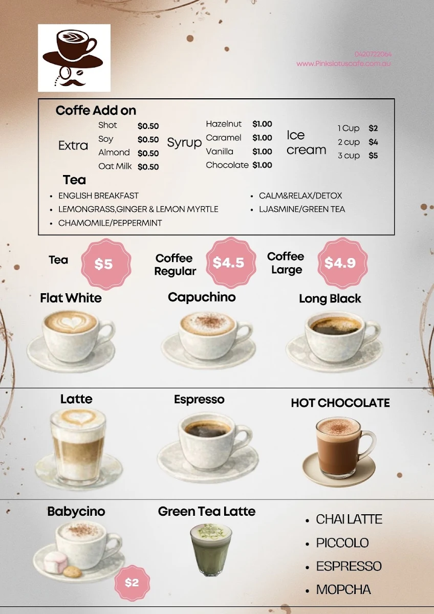 Menu, Pinks Lotus Cafe