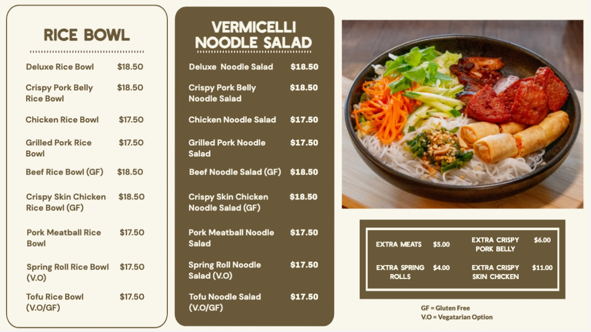 Menu, Mrs Luu's Milton