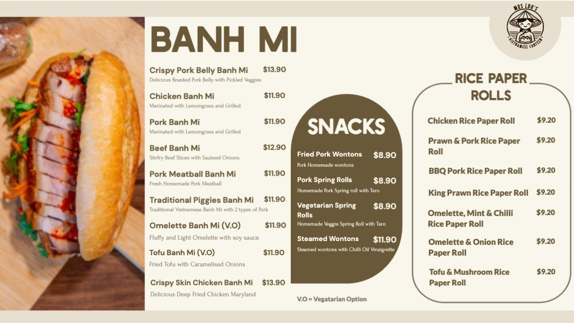 Menu, Mrs Luu's Milton