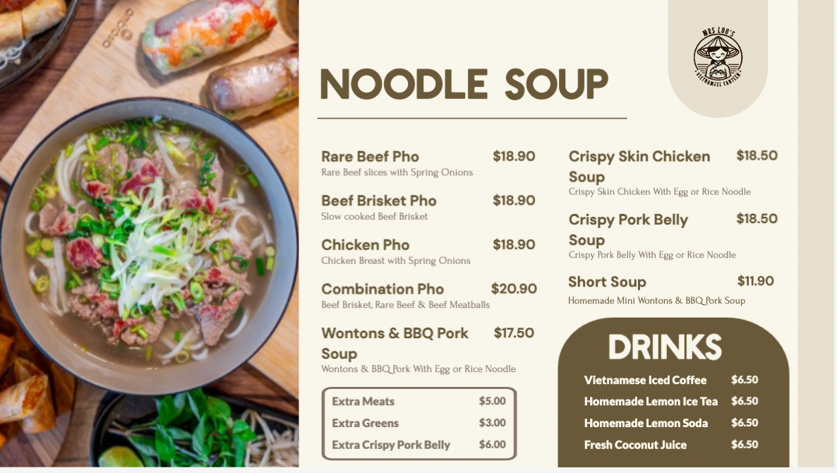 Menu, Mrs Luu's Milton