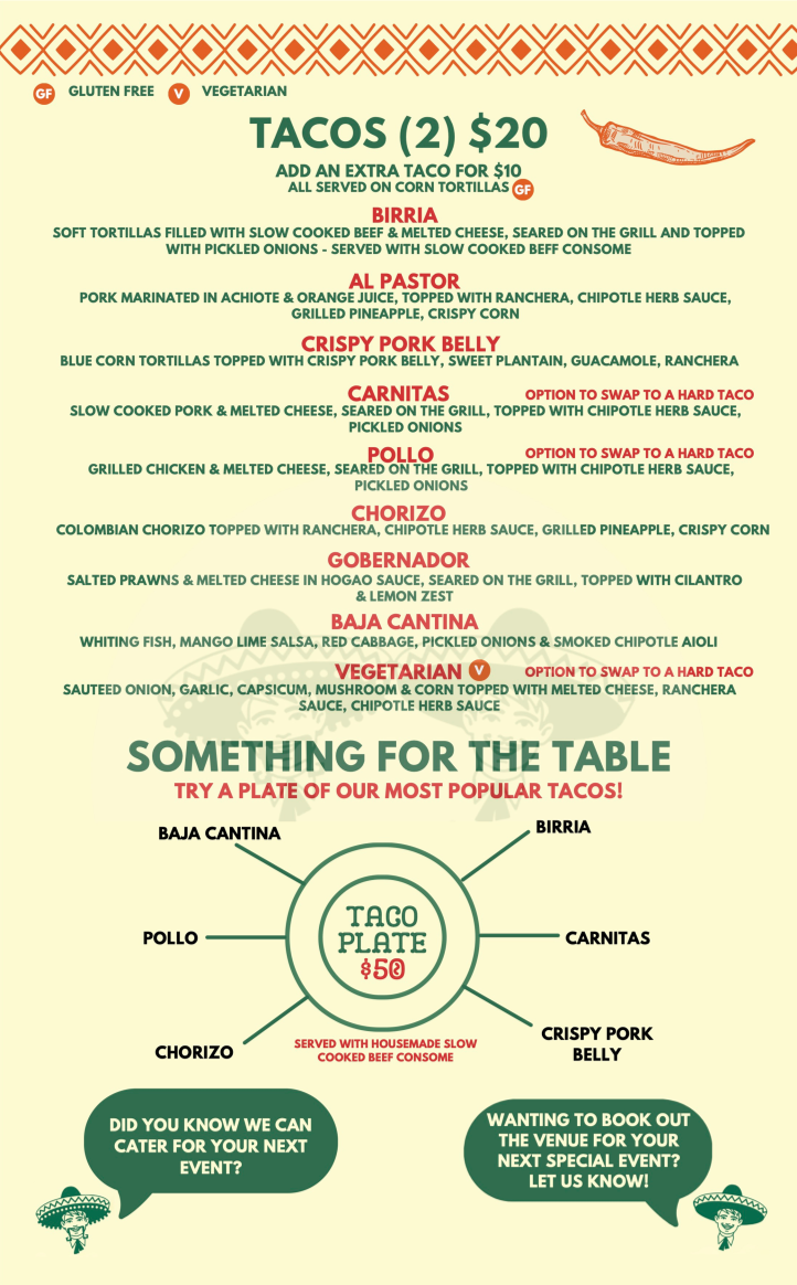 Menu, Los Muchachos Mexican