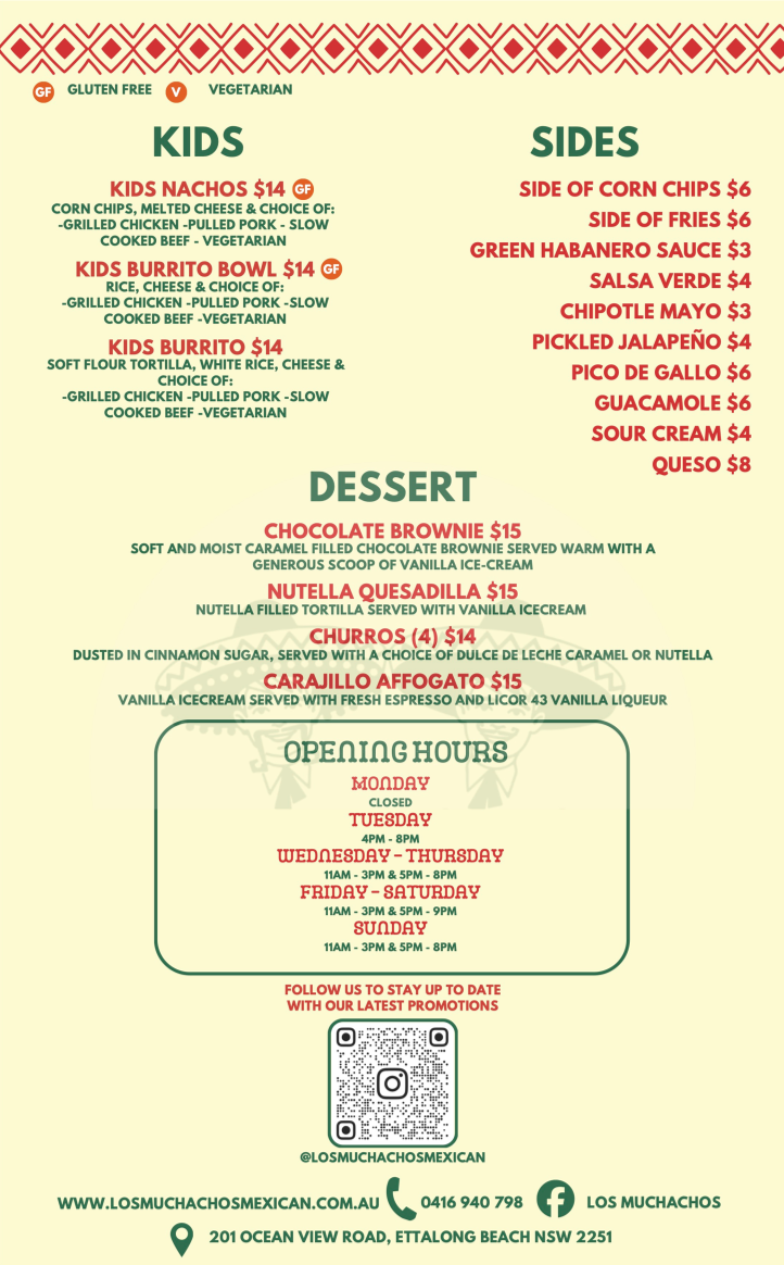 Menu, Los Muchachos Mexican