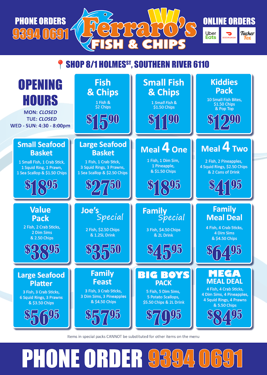 Menu, Ferraro's Fish & Chips