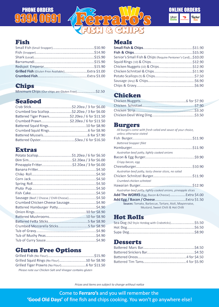 Menu, Ferraro's Fish & Chips