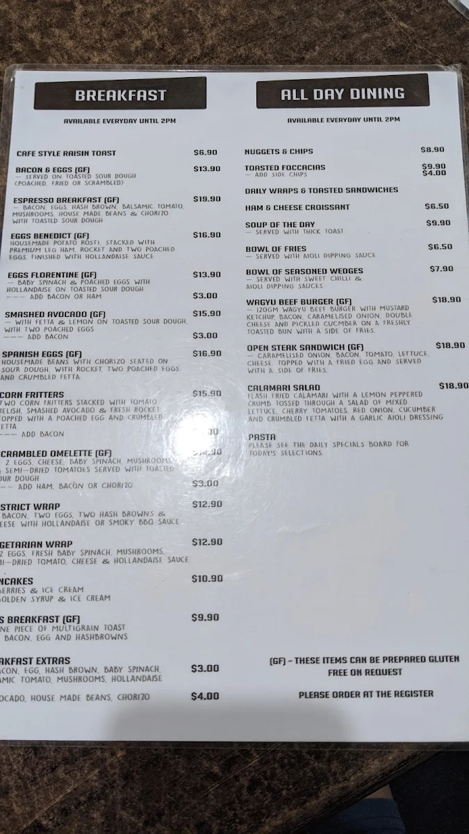 Menu, Espresso District