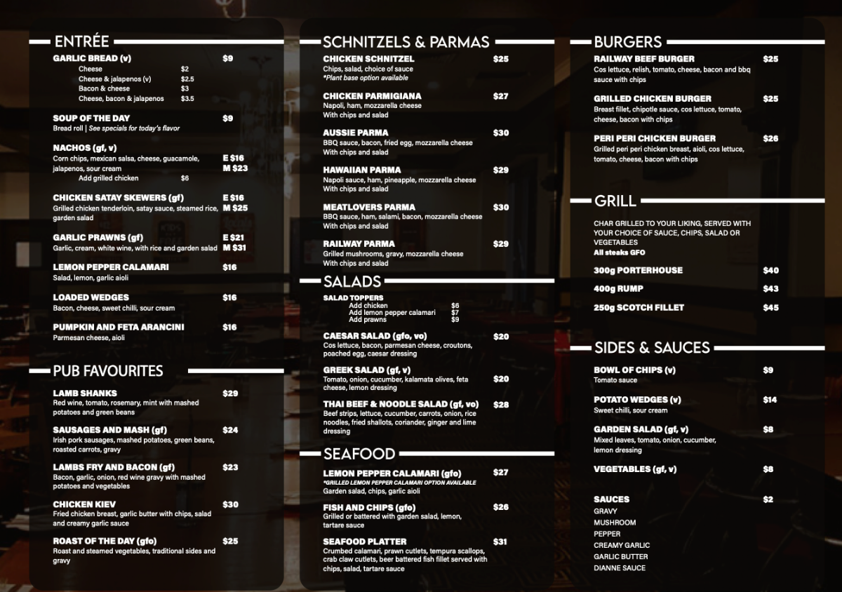 Menu, Railway Club Hotel