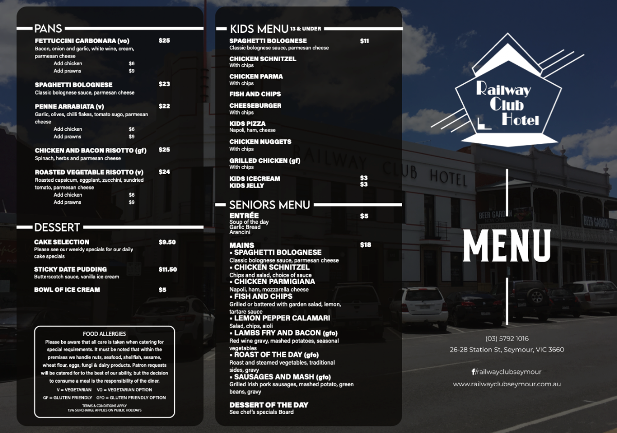 Menu, Railway Club Hotel
