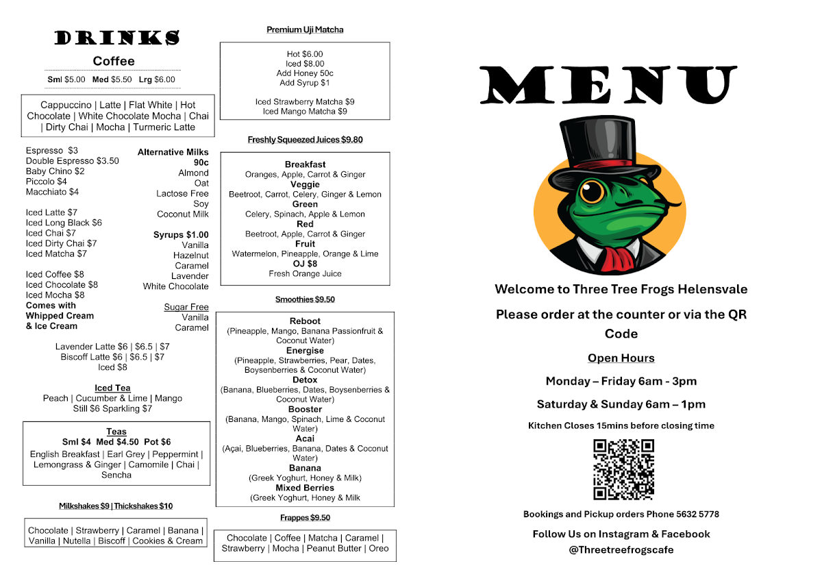 Menu, Three tree frogs Helensvale