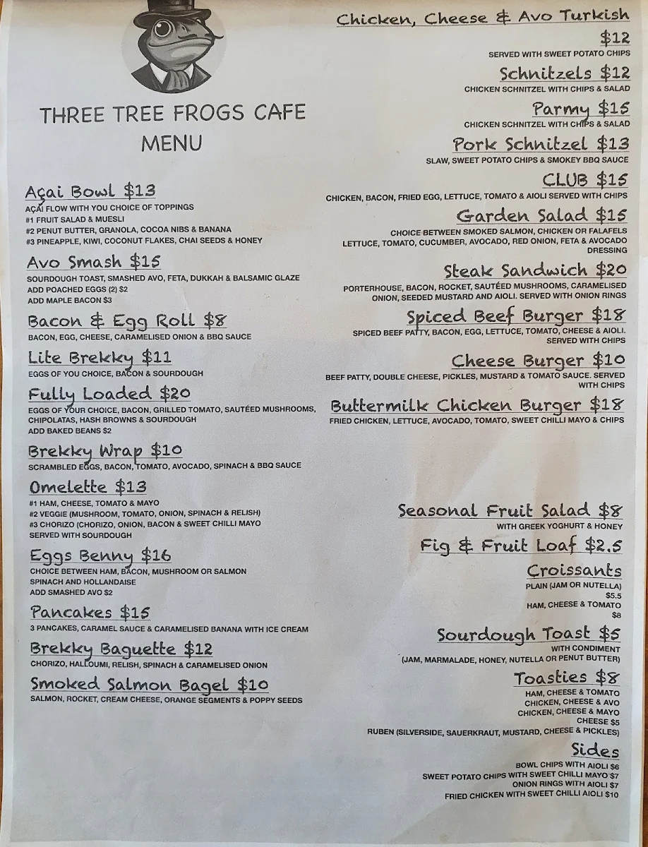 Menu, Three tree frogs Helensvale