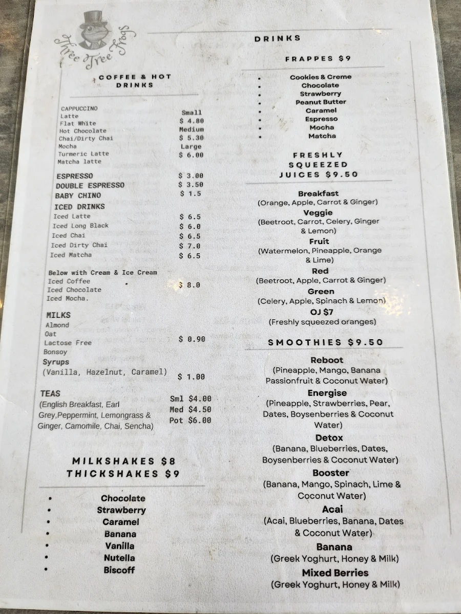 Menu, Three tree frogs Helensvale