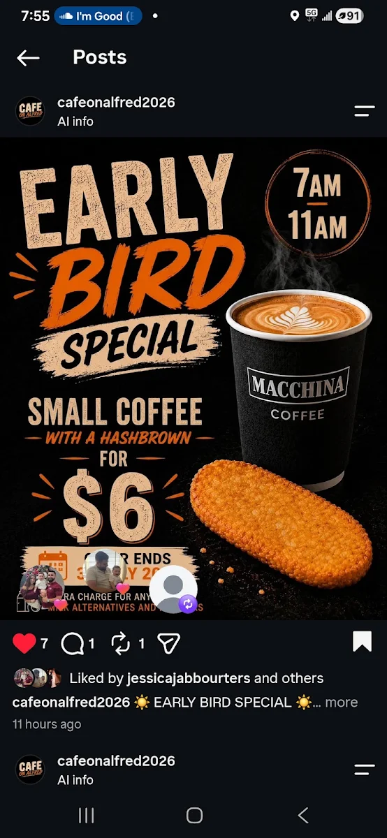 Menu, Cafe on Alfred
