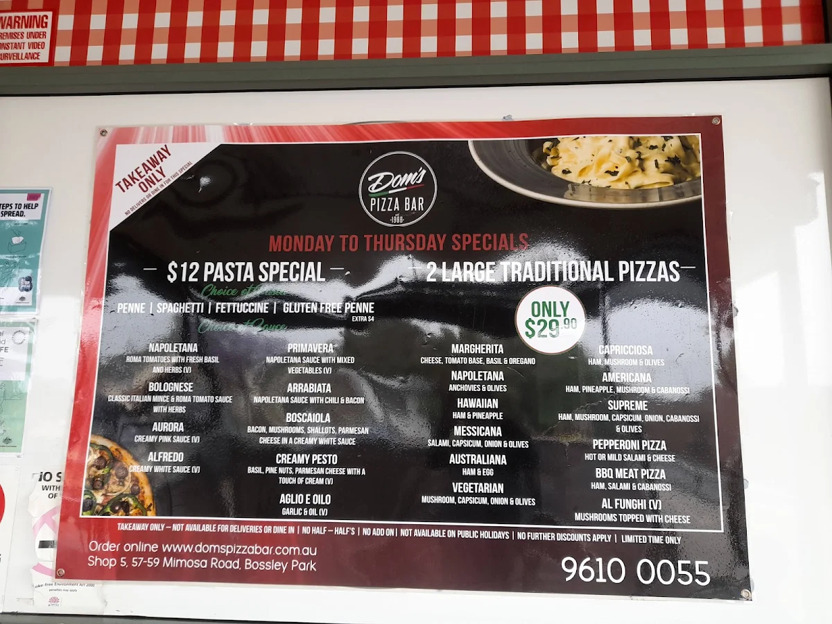Menu, Doms Pizza Bar