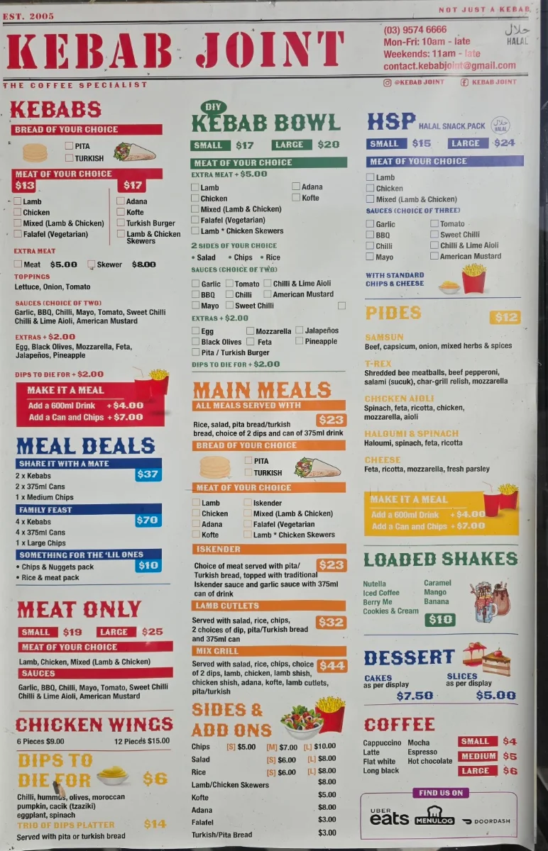 Menu, Kebab Joint