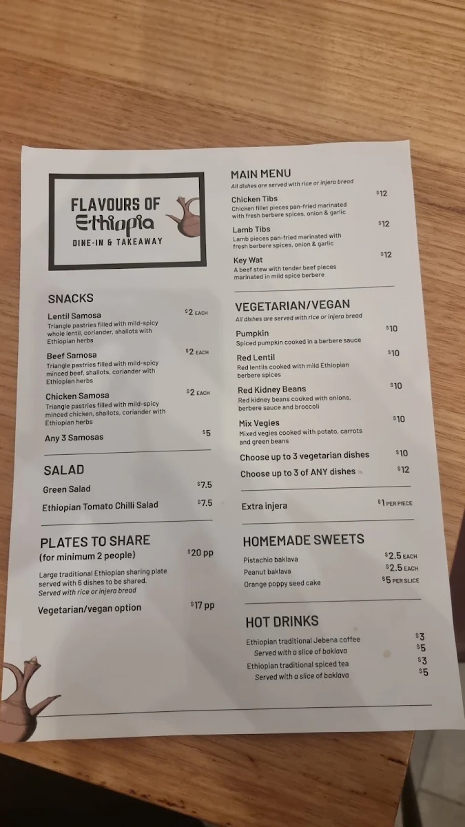 Menu, Flavours of Ethiopia