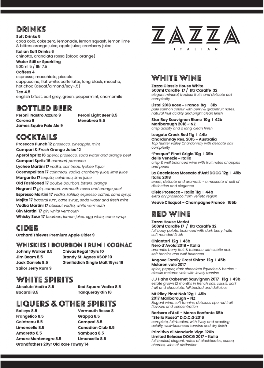Menu, Zazza Italian