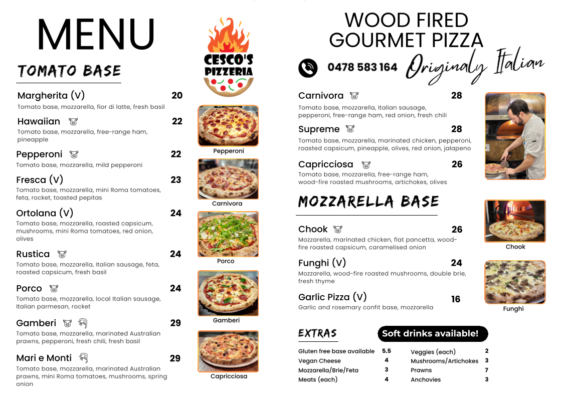 Menu, Cesco's Pizzeria