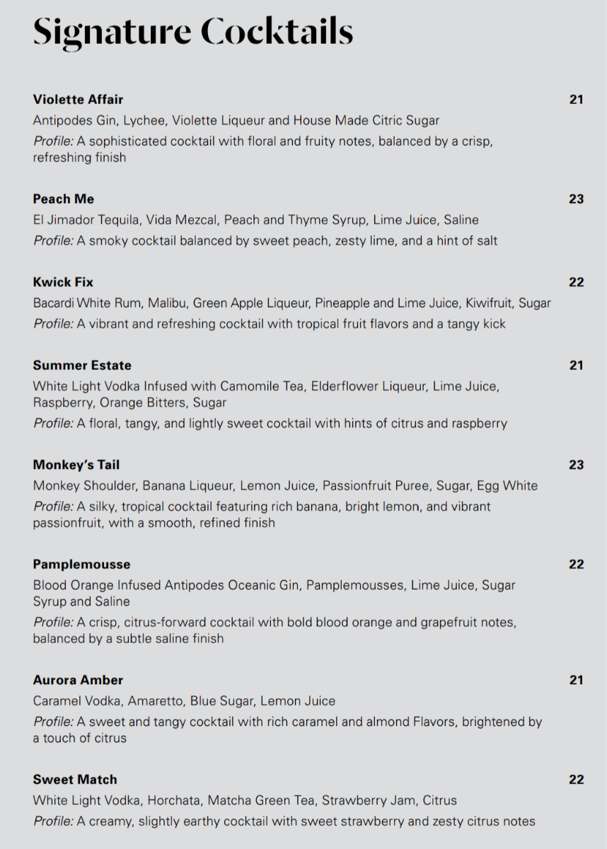Menu, Midnight Bar