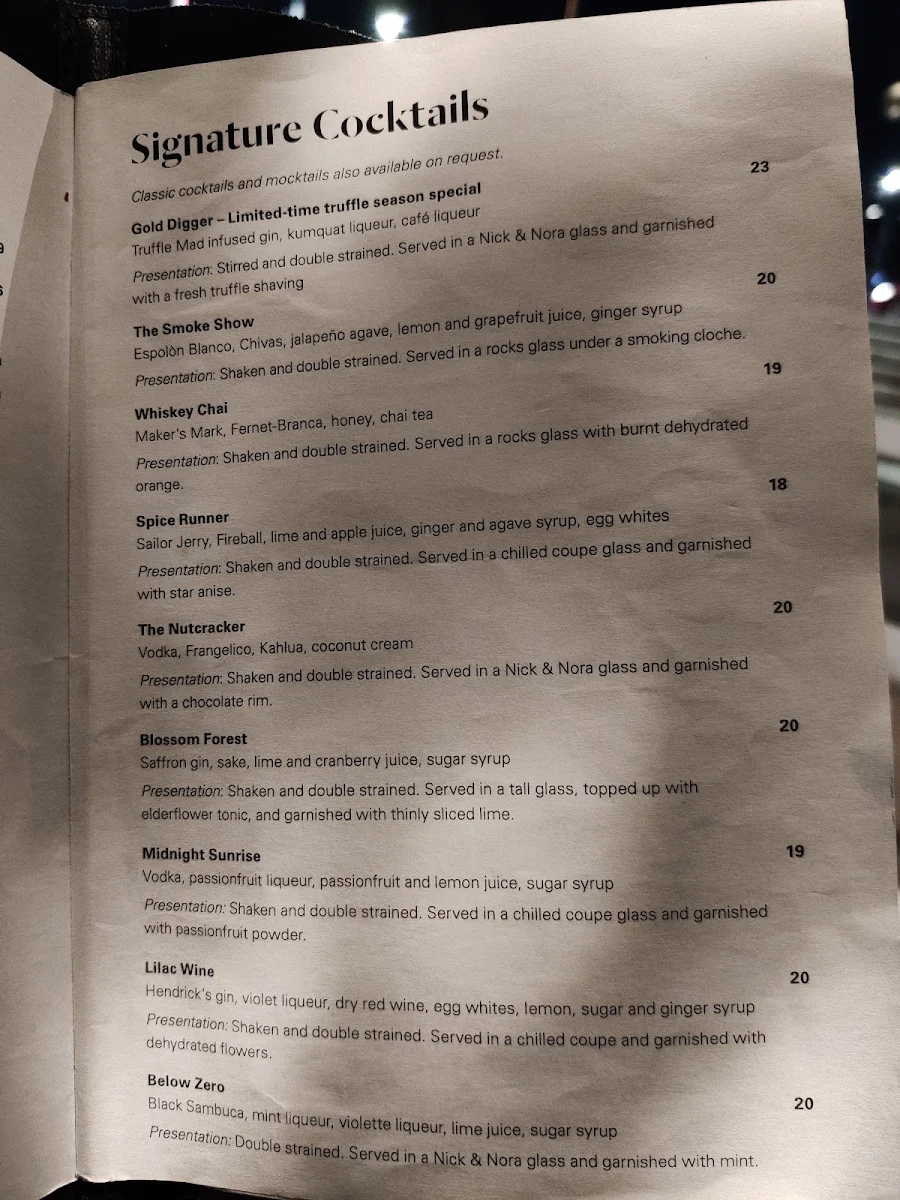 Menu, Midnight Bar
